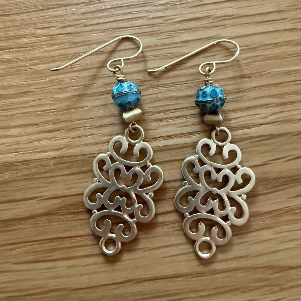 Gold and Blue Filigree Earrings